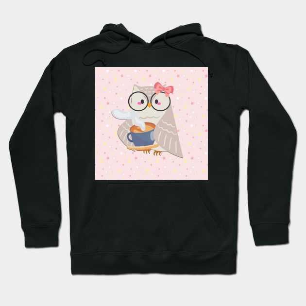 Funny cute owl in pink with coffee and stars Hoodie by KK-Royal